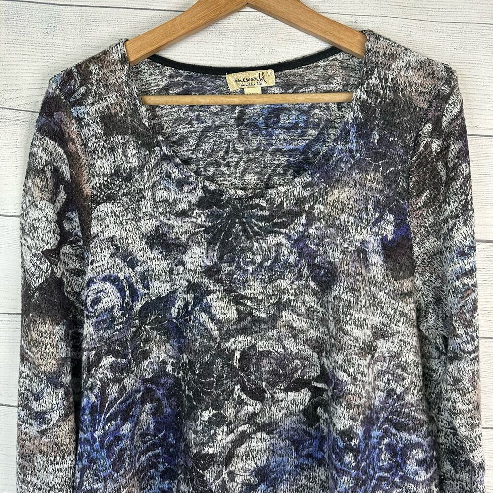 One World Women Large Lace Hem Knit Floral Sweater Tunic Artsy Hippie Lagenlook - Picture 3 of 12